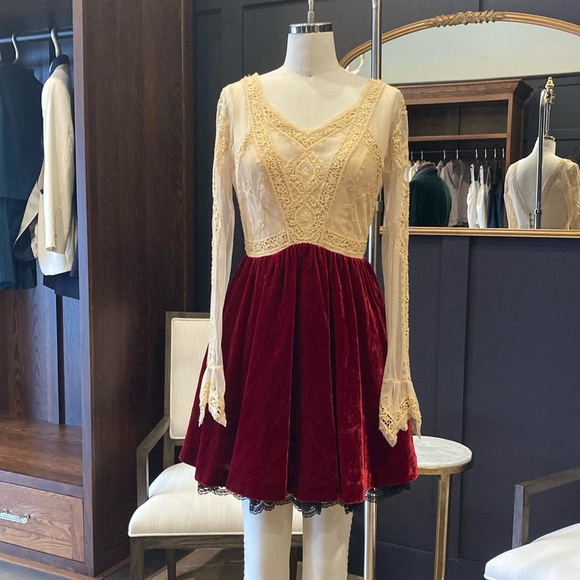 Free People Dresses & Skirts - Free People Nude Mesh Lace Burgundy Velvet Dress